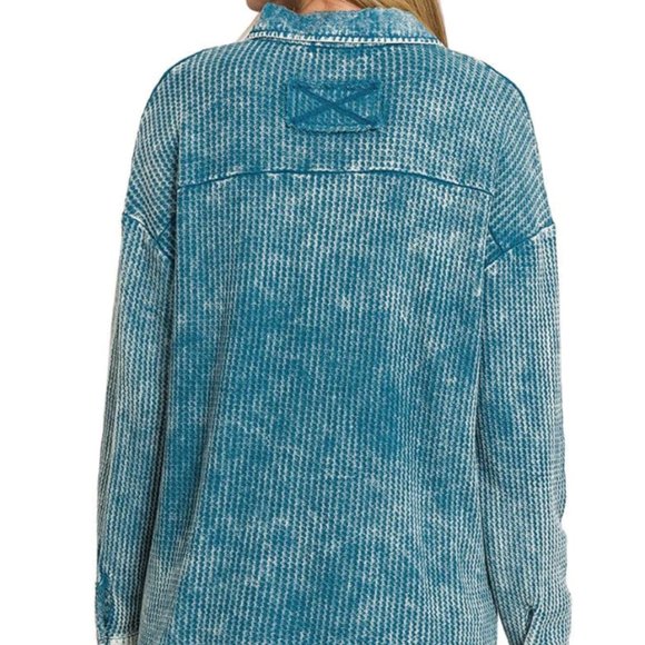 Zenana Cotton Waffle Acid Wash Shacket (New) - Picture 3 of 7